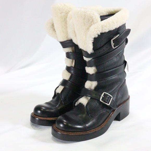 Coach Shoes - COACH Moto Shearling Pebbled Leather Buckle Boots NEW Sz 5 US Wmn